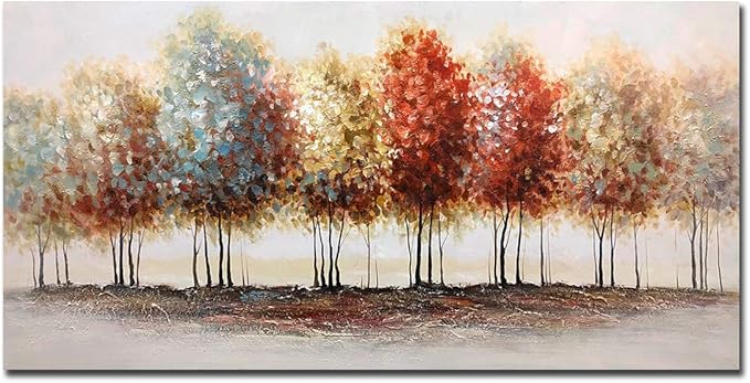 Tiancheng Art, 24x48 Inch Modern Abstract Oil Hand Paintings Tree Art 3D Hand-Painted Living Room And Bedroom Wooden Frame Ornaments Canvas Acrylic Wall Art Colorful Forest Home Hanging Decoration