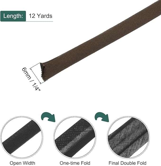 MECCANIXITY 1/4 Inch Double Fold Bias Tape Cotton Continuous Bulk Bias Tape for Sewing,Seaming Quilting Hemming Binding Crafts (Brown 12 Yards)