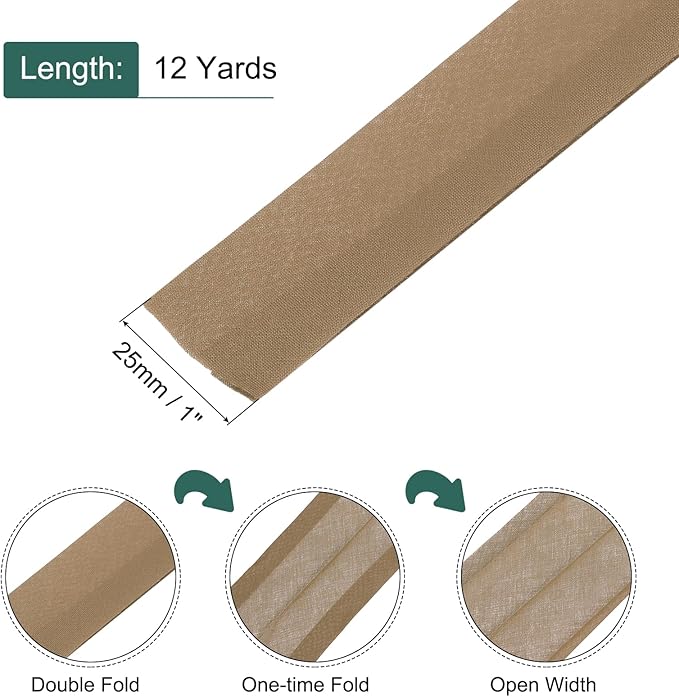 MECCANIXITY 1 Inch Double Fold Bias Tape Continuous Bulk Cotton Bias Tape for Sewing Seaming Quilting Hemming Binding Crafts (Coffee 12 Yards)