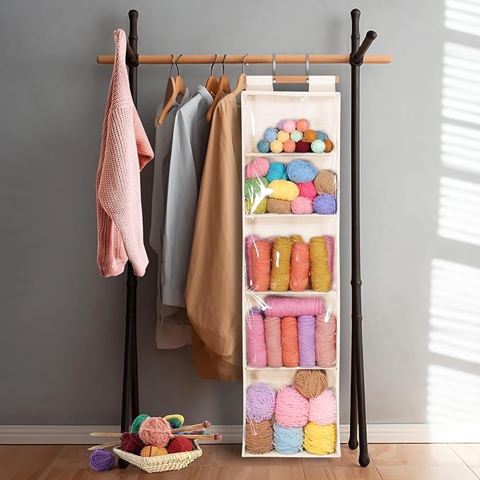 Hanging Yarn Storage with 5 Large Pockets, Clear Knitting Organizer Storage with Zippers for Crochet Lovers, Hanging Yarn Holder with Over-Door Hooks for Knitting Needles Crochet Hooks,Beige