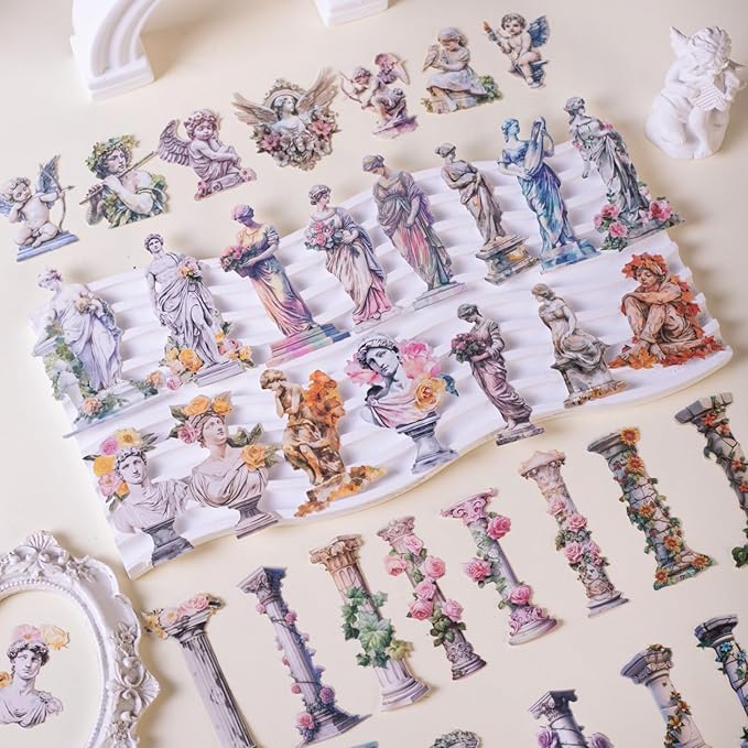 90 Pieces Roman Garden Statue Stickers, Aesthetic White Kraft Paper Decals for Scrapbooking, Bullet Journals, Planners, Vintage Angel Statue Landscape Creation Stickers for Adult DIY Crafts