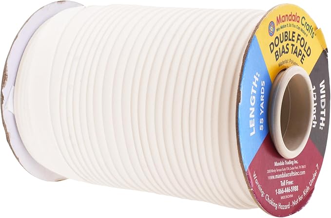 Mandala Crafts 55 Yards 1/2 Inch Off White Double Fold Bias Tape for Sewing - Bias Binding Tape for Quilting Binding, Hemming, Seam, and Fabric Piping