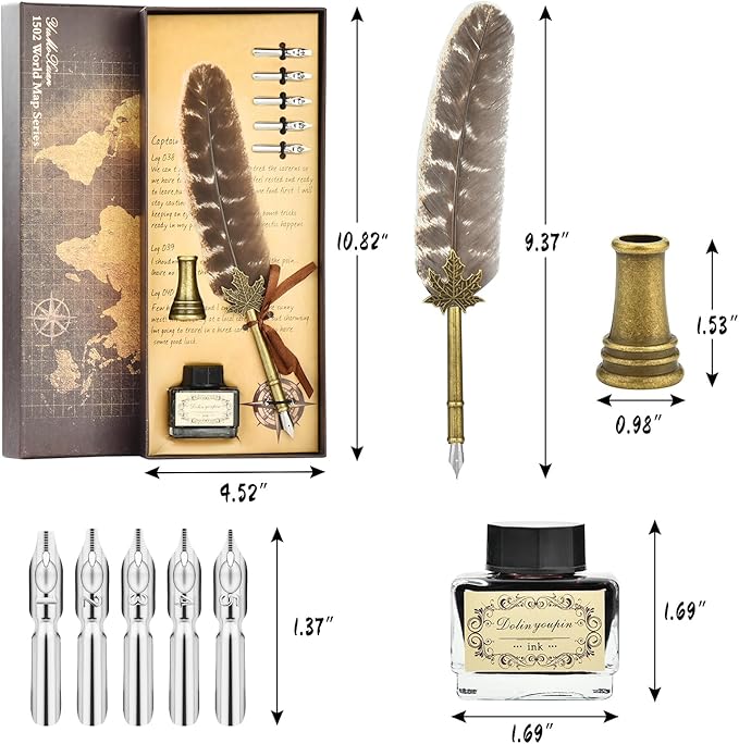 Hethrone Feather Pen and Ink Set - Calligraphy Quill Pen Set Includes Dip Pen, 5 Replacement Nibs and Pen Holder for Writing Lovers (Brown)
