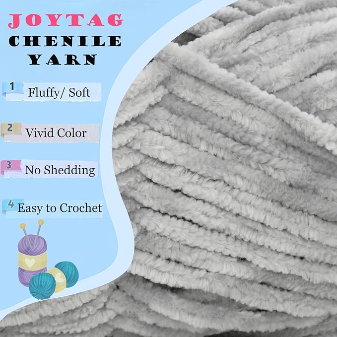 Velvet Chenille Yarn for Crocheting Light Grey Velvet Fluffy Plush Thick Bulky Chunky Chenille Soft Baby Blanket Yarn for Crocheting Hand Knitting 100g-Light Grey