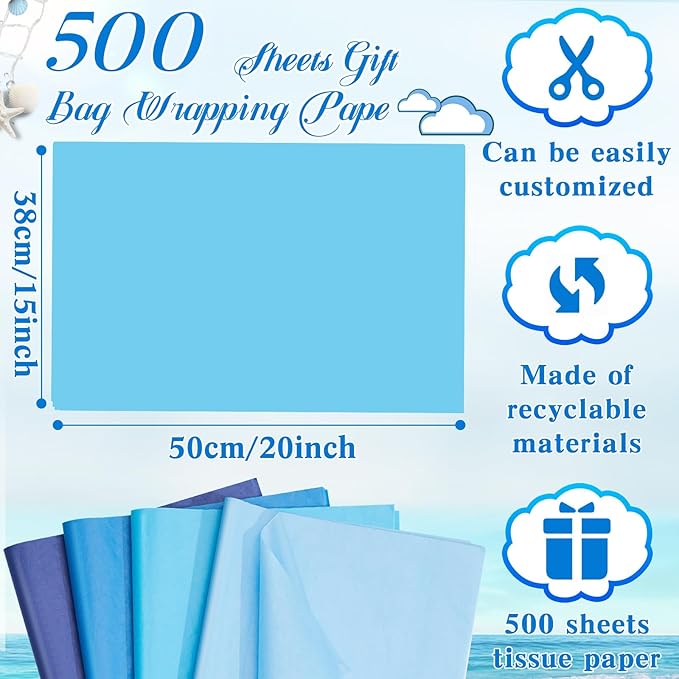 Qilery 500 Sheets Blue Tissue Paper Bulk for Gift Bags 15 x 20 Inch Acid Free Packaging and Wrapping Paper Sheets for Winter Easter Decoration DIY Crafts, Bouquet, Wedding Birthday Party, Packing
