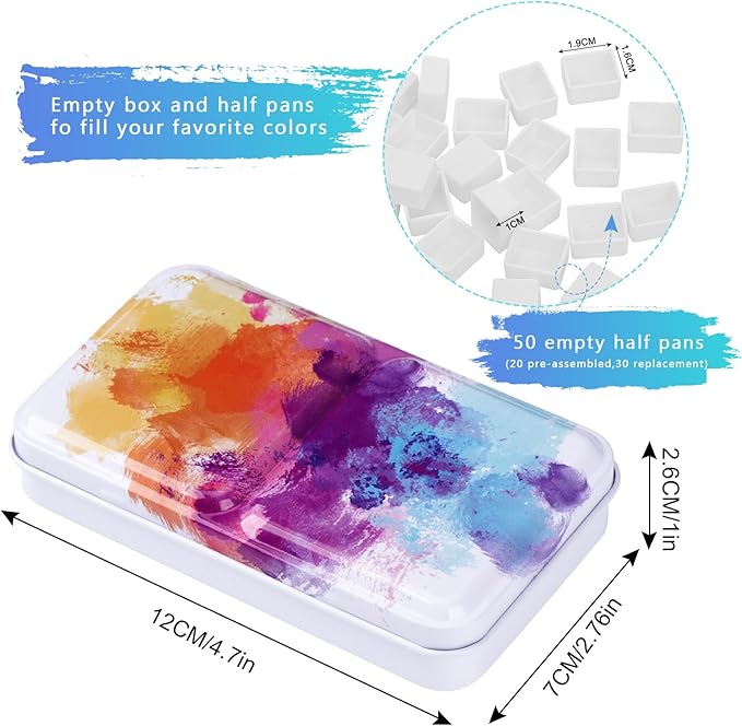 PEVART Empty Watercolor Paint Palette,Metal Box Mixing Palette Case with 50 Water Color Half Pans and Fold-Out Palette Tin Paint Tray Travel Watercolor Set,Acrylic,Gouache, Oil Painting