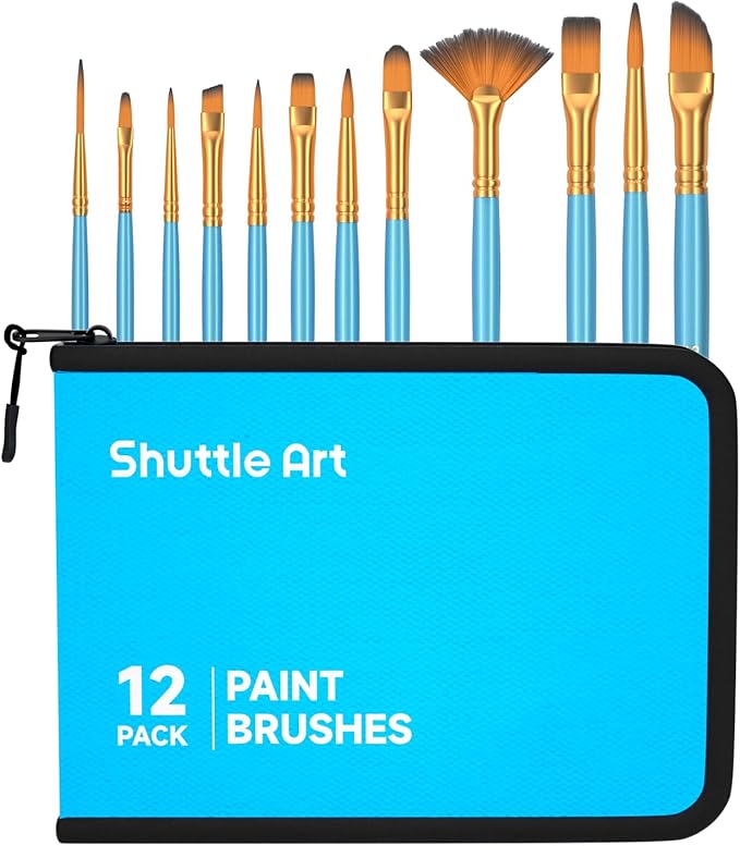 Shuttle Art 12 PCS Paint Brush Set with Case, Assorted Shapes & Sizes for Acrylic, Watercolor, Oil, and Gouache, Perfect Artist Brushes for Kids, Beginners, and Professionals, Ideal for Home or Travel