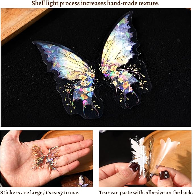 80-Piece Holographic Glitter Butterfly Art Stickers for Scrapbooking, Journaling, Resin Crafting – Waterproof Transparent Floral Fantasy Butterfly Decals