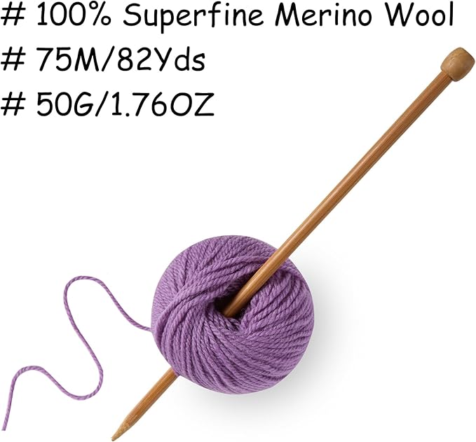 100% Merino Wool Yarn, 3-Ply Luxurious and Soft Yarn for Hand Knitting & Crocheting (Purple,1Ball)
