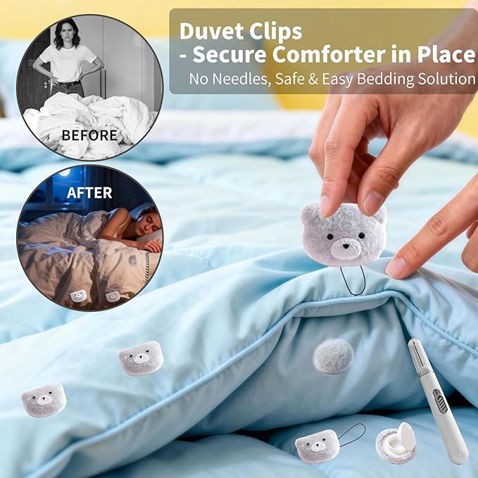 8 Pcs Duvet Clips with Pins Quilt Fixer,Non-Slip Duvet Cover Clips,Duvet Clips to Hold Comforter Inside,No Needles，Bear Pattern(Inc Hook Tool,Storage Box)(Gray)