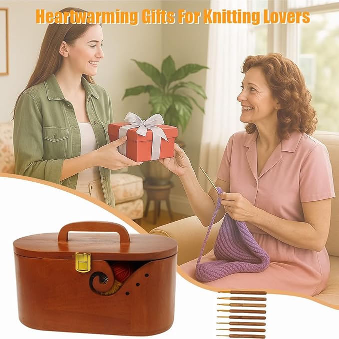 Portable Oval Wooden Yarn Bowl - with Lid, Lock & Handle, 9 Knitting Hooks Set, Perfect Organizer for Threads & Knitting Supplies