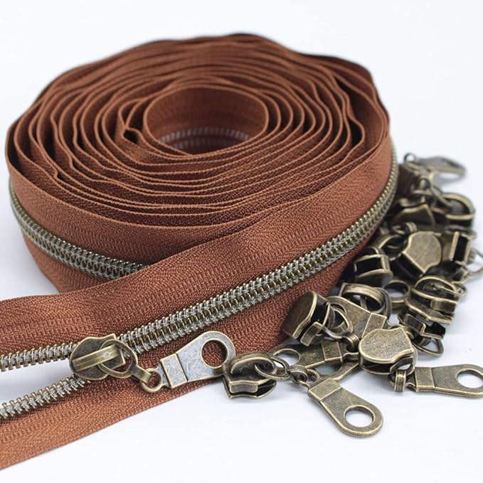 MebuZip #5 Antique Brass Metallic Nylon Coil Zippers by The Yard Bulk Coil Zipper Roll 10 Yards with 25pcs Pulls for DIY Sewing Craft Bags (Brown)