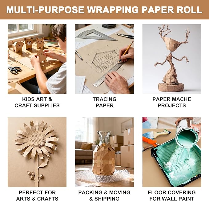 Moretoes 36" x 2,400"(200') Brown Wrapping Paper Roll, Kraft Packing Paper Roll for Gift Wrapping Craft Bulletin Board Banner Art Bouquet Flower Packing Moving Shipping 75GSM