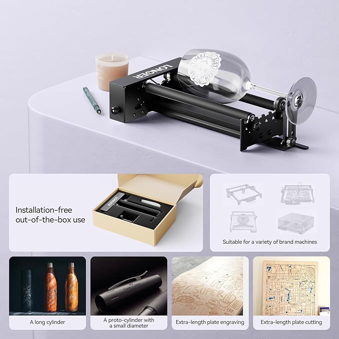 Longer RAY5 10W Laser Engraver with Air Assist Kit, Rotary Roller kit, and 8 Pcs Raiser, High Precision Laser Cutter and Engraver for Wood, Metal, Acrylic, Cylindrical Objects, Tumblers