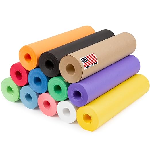 12" x 1200" (100 ft) Pack of 12 Rolls USA Made Multi-Color Kraft Paper Rolls Set, 45 lbs – Colored Kraft Paper for Packing, Arts and Crafts, DIY Projects, Gift Wrapping