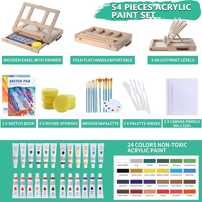 Wooden Tabletop Art Easel Set for Painting, 54 Pieces Starter Acrylic Paint Set with 24 Colors Acrylic Paints, Canvases, Sketch Pads, Brushes and Palette for Beginners Young Artists and Adults
