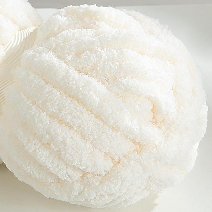 HOMBYS Cream White Chunky Chenille Yarn for Hand Knitting,Fluffy Soft Jumbo Yarn Crocheting,Super Bulky Big Yarn for Chunky Blanket,Large Thick Arm Knitting Yarn,8 Pack Plush Fuzzy Yarn