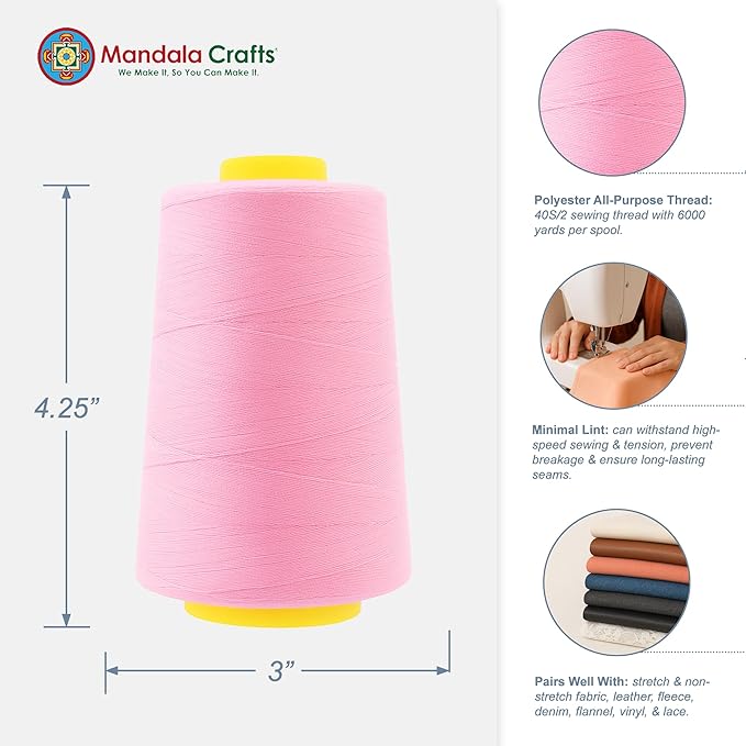 Mandala Crafts 4 Pack of Serger Threads Cones Spools - 40S/2 24000 Yards Polyester Light Pink Threads for Sergers Machine and Overlock Quilting Sewing Machine