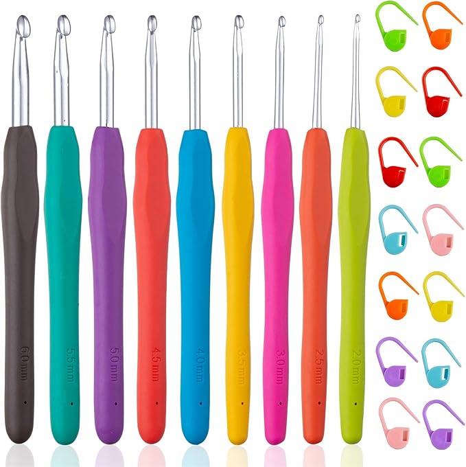 Vodiye 23 PCS Crochet Hooks, Ergonomic Handle Crochet Hooks Set for Arthritic Hands, Comfortable Smooth Crochet Needles Extra Long  Knitting Needles with Stitch Markers, Rubber, Multicolor