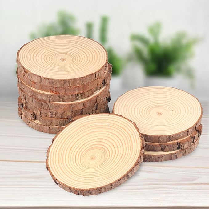 11 PCS 6.3-7.1 Inch Natural Wood Slices, Unfinished Pine Wood Circles with Barks for Coasters, DIY Crafts, Christmas Rustic Wedding Ornaments and Centerpieces,by GNIEMCKIN.