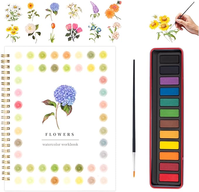 Kivzex Watercolor Workbook for Adults, Beginner Friendly Watercolor Painting Kit Flowers Water Coloring Book, Nature-Themed Practice Art Gift Water Color Paint Book with Palette and Brush