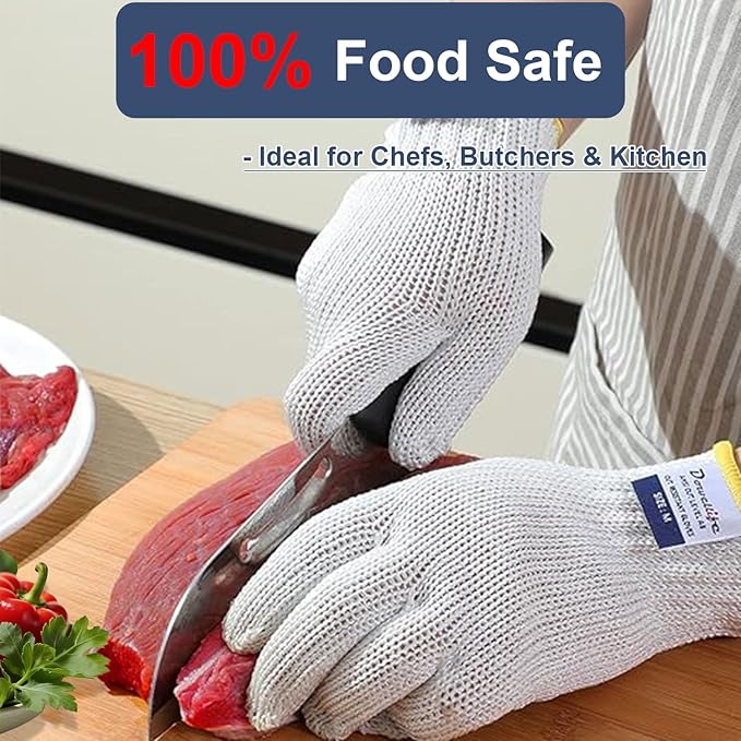 Dowellife Level 8 Reinforced Cut Resistant Gloves, Food Grade, Knife Safety Gloves for Meat Cutting, Oyster Shucking, Fish Fillet, Kitchen Slicing and Wood Carving, Small