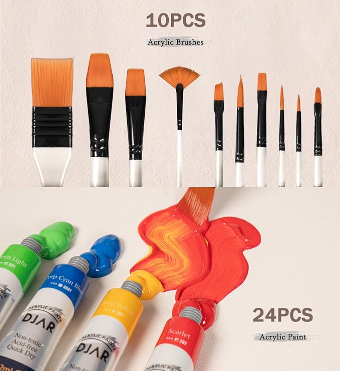 DJAR 49 pcs Acrylic Painting Set, Includes Desktop Easel, Acrylic Paint, Canvas, Sketchbook, Painting Pads, 24 Color Paint Kits for Adults, Artists, Beginners