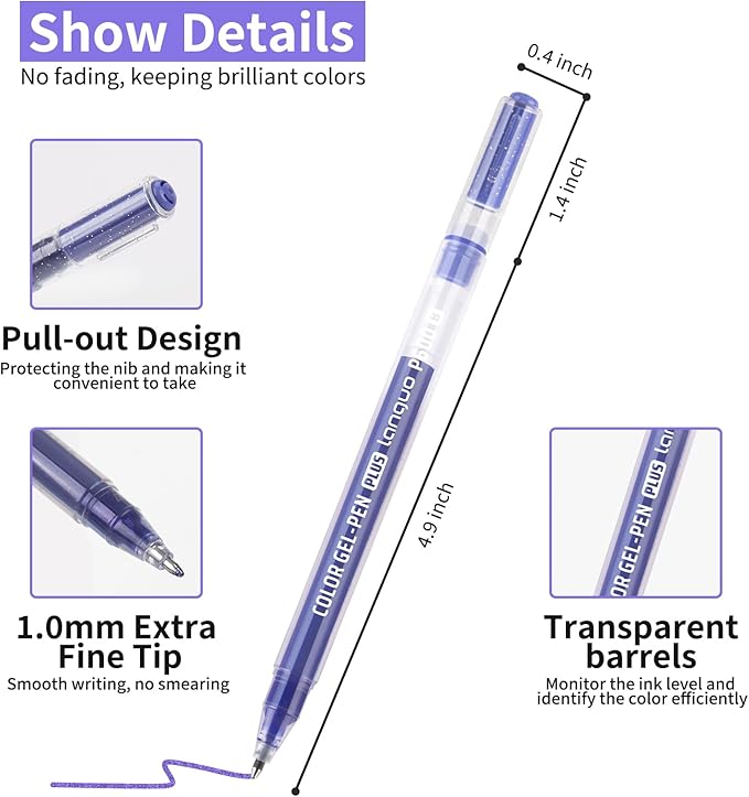 Glitter Gel Pens, 6 Pack Colored Pens for Black Paper & White Paper, 1.0mm Point Pens, Large Capacity Ink Pens for Coloring, Writing, Drawing, Journaling, Note Taking, Office, Home