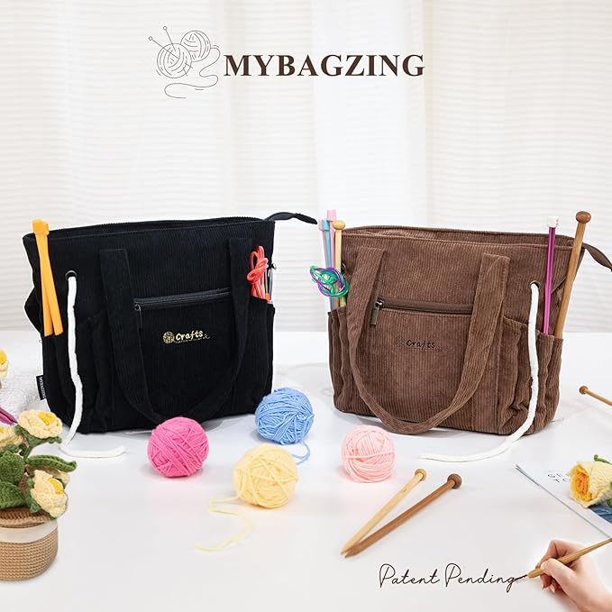 Crochet Bag and Tote - Corduroy Yarn Bag - Yarn Holder for Crocheting - Crochet Storage Bag for Crochet Hooks, Crochet Accessories, Knitting Bag for Crochet Lovers, Mother's Day Gift