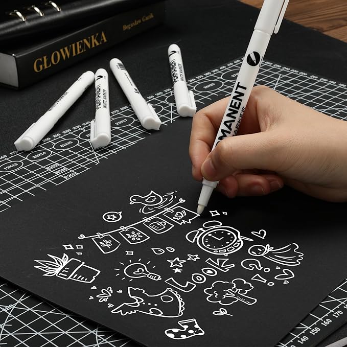5PCS White Acrylic Paint Pens White Pen Fabric Paint Permanent Marker Pens Set Fine Tip 1mm Waterproof Paint Pen for Fabric Rock Painting Tyre Art Paper Glass for Drawing,Coloring,Graffiti,DIY Crafts