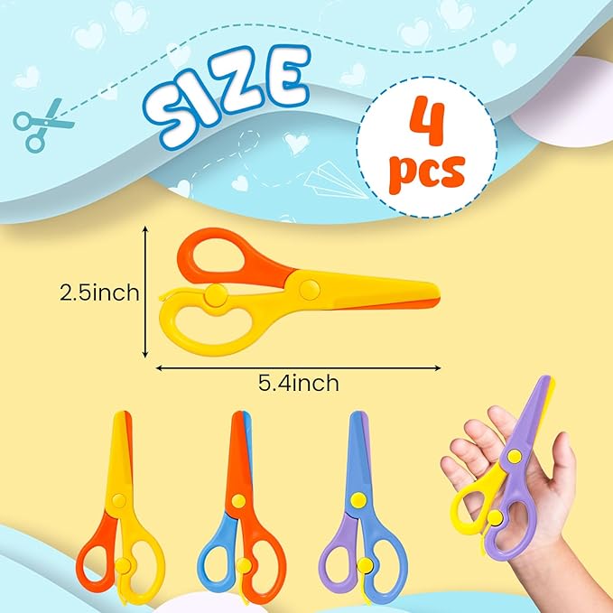 LovesTown Toddler Scissors, 4PCS Adaptive Blunt Tip Training Safety Scissors for Kids, Child Hand-Eye Coordination Development, Early Preschool Development Tools, Stocking Stuffer DIY Craft Projects