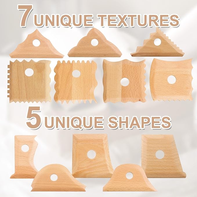 GlikCeil 12 Pcs Pottery Ribs Pottery Tools Pottery Foot Shaper Tools Pottery Trimming Tools Clay Texture Ribs Solid Beech Wood Pottery Ribs for Carving Clay Molds Clay Ceramics