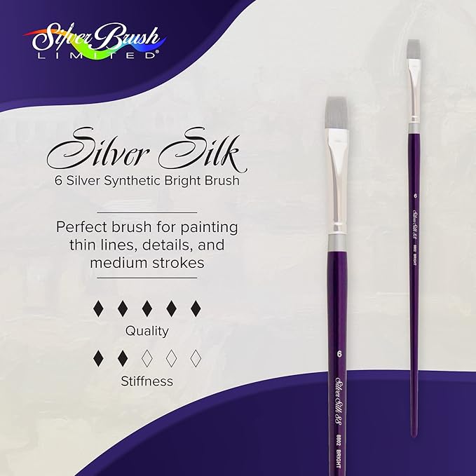 Silver Brush Limited 8802-6 Silver Silk 88 Bright Paintbrush for Acrylic, Watercolor, Gouache, Inks, & Dyes, Size 6, Long Handle