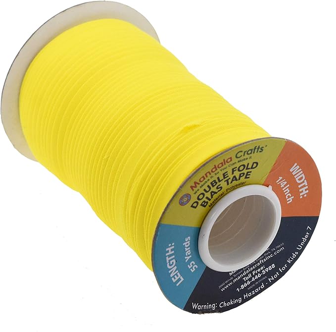 Mandala Crafts 55 Yards 1/4 Inch Yellow Double Fold Bias Tape for Sewing - Bias Binding Tape for Quilting Binding, Hemming, Seam, and Fabric Piping
