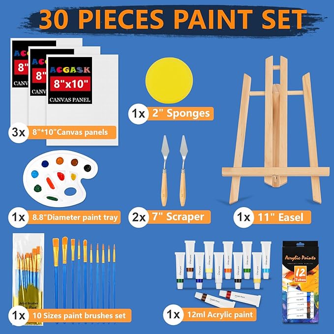 ACKASK Painting Kits for Adults Kids,Acrylic Paint Canvas Easel Set,30 Pcs Drawing Painting Supplies Art Kit,12 Paints,10 Painting Brushes,Palettes Etc,Art Set Art Supplies for Kids Adults Artists