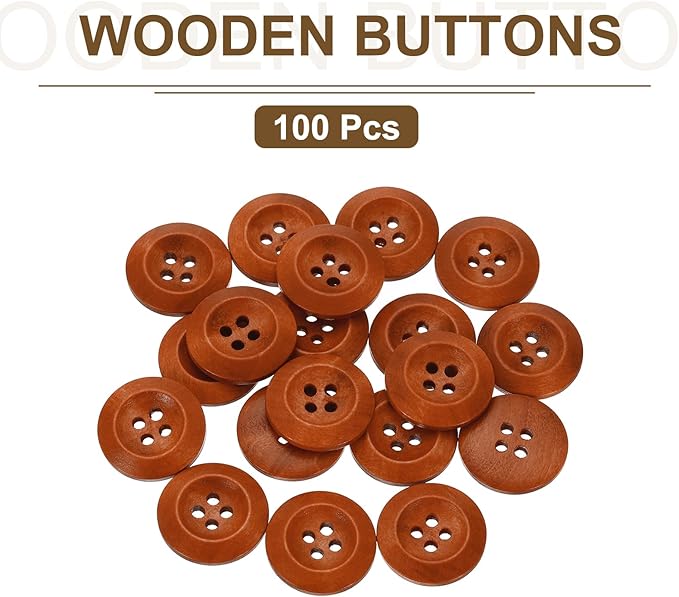 uxcell 100Pcs Wooden Buttons, 23mm(7/8") 4 Hole Round Wood Sewing Button Craft for Sewing DIY Craft Clothing, Brown