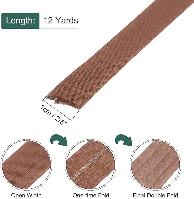 MECCANIXITY 2/5 Inch Double Fold Bias Tape Continuous Bulk Bias Tape for Sewing, Seaming Quilting Hemming Binding Crafts (Coffee 12 Yards)