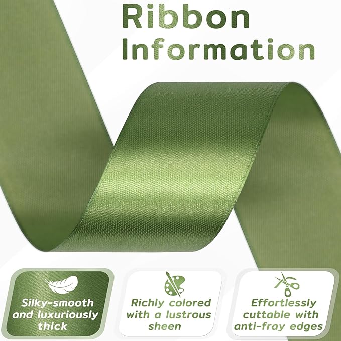60 Yards Olive Green Satin Ribbon 1-1/2 Inch, Solid Polyester Fabric Ribbon for Gift Wrapping, Crafts, Flower Bouquet, Wedding, Baby Shower, Festival, Christmas, Halloween