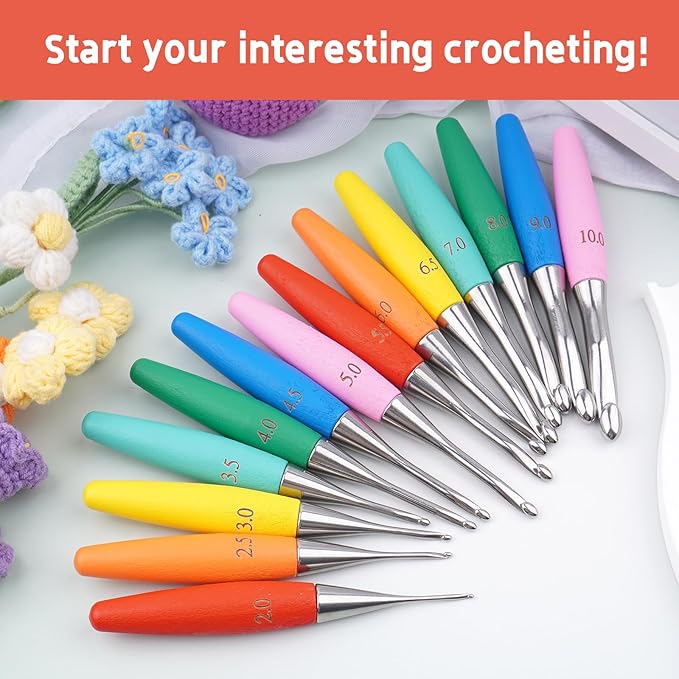 Crochet Hooks 2mm Crochet Hook Soft Lightweight Wood Ergonomic Handle and Stainless Steel Crochet Needles Tip (2 mm-B)