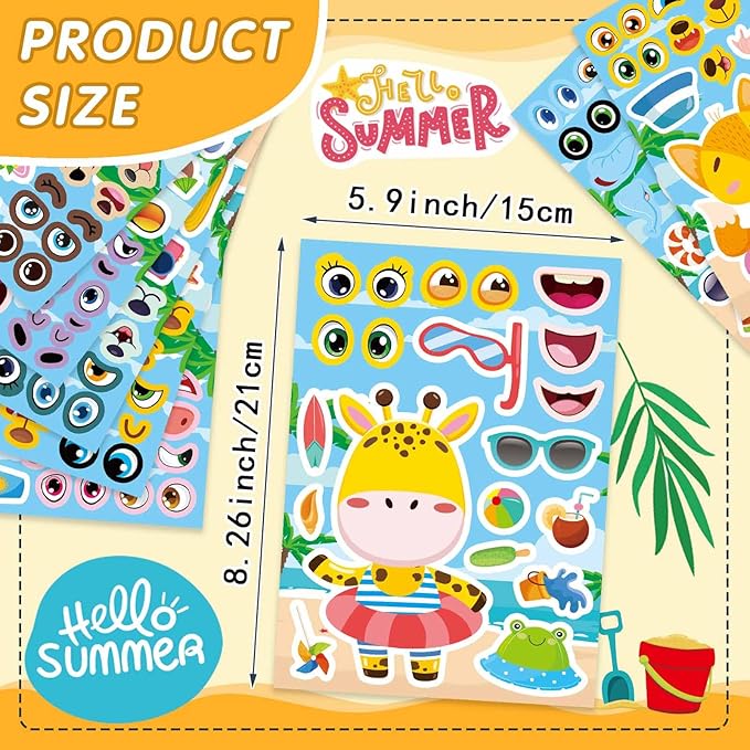 24 Sheets Summer Stickers for Kids Toddlers, Make Your Own Sticker with 8 Designs of Animal Elephants Giraffes Hippos Pigs, Animal Make a Face Stickers for Summer Holiday Party Favors