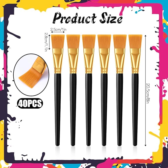40 Pcs 1 Inch Flat Paint Brushes Large Acrylic Craft Paint Brush with Wooden Handles for Watercolor, Oil Painting, Face Body Art