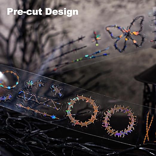 6 Rolls Thorn Vine PET Tapes Set, Holographic Pre-Cut Stickers for Journaling, Scrapbooking, and DIY Crafts, with Decorative Clip