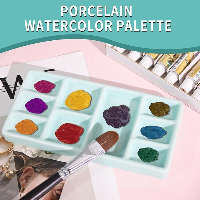 Porcelain Watercolor Palette - 10 Well Ceramic Artist Paint Palette with Mixing Tray for Painting and Craft Projects（Green）