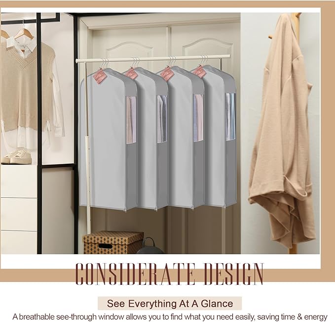 40" Short Cotton Garment Bag for Hanging and Storage Clothes with 4 Cedar Blocks for Fresh Smell, Breathable Hanging Bags for Closet Storage Fur Coat Suit Sweater Jackets, 6'' Wide, Gray