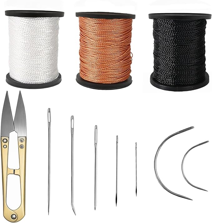 Fbshicung Upholstery Repair Sewing Thread Kit and Heavy Duty Household Hand Needles, Including 7 Styles of Leather Canvas Sewing Needles,Scissors and 3 Rolls Nylon Thread (60Yard Per Roll)