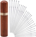 25Pieces Hand Sewing Big Eye Needles Sharp Needle，with Solid Wood Needle Case for