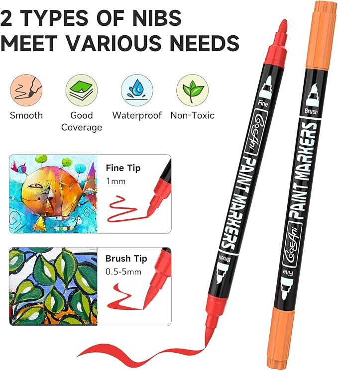32 Colors Paint Markers, Dual Tip Acrylic Paint Markers for Wood, Canvas, Glass, Ceramic, Fabric,Rock Painting, DIY Crafts Making Art Supplies (Fine Tip and Brush Tip)