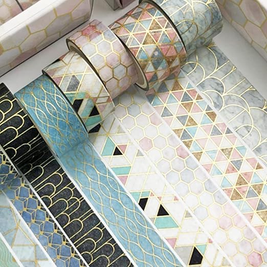 YUBX Creative Washi Tape Set 10 Rolls Gold Foil Print Decorative Masking Tapes for Arts, DIY Crafts, Journals, Planners, Scrapbook, Wrapping (Geometric Order)