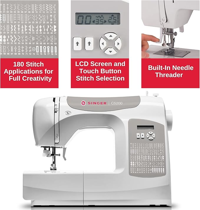 SINGER C5200 Computerized Sewing & Quilting Machine with Extension Table & Accessory Kit | 180 Stitch Applications, Touch Button Stitch Selection, LCD Screen, Full Metal Frame & 1-step Buttonhole