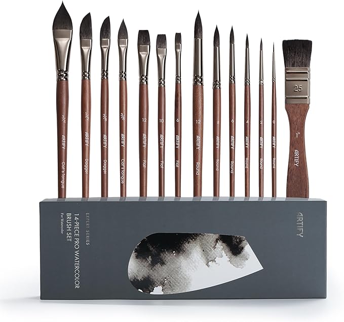 Artify Watercolor Brushes Professional, 14pcs Watercolor Paint Brush Set, Mixed Squirrel Hair - Balanced Spring & Water Absorption, Round/Flat/Filbert/Angled/Liner Tips, for Watercolor, Gouache